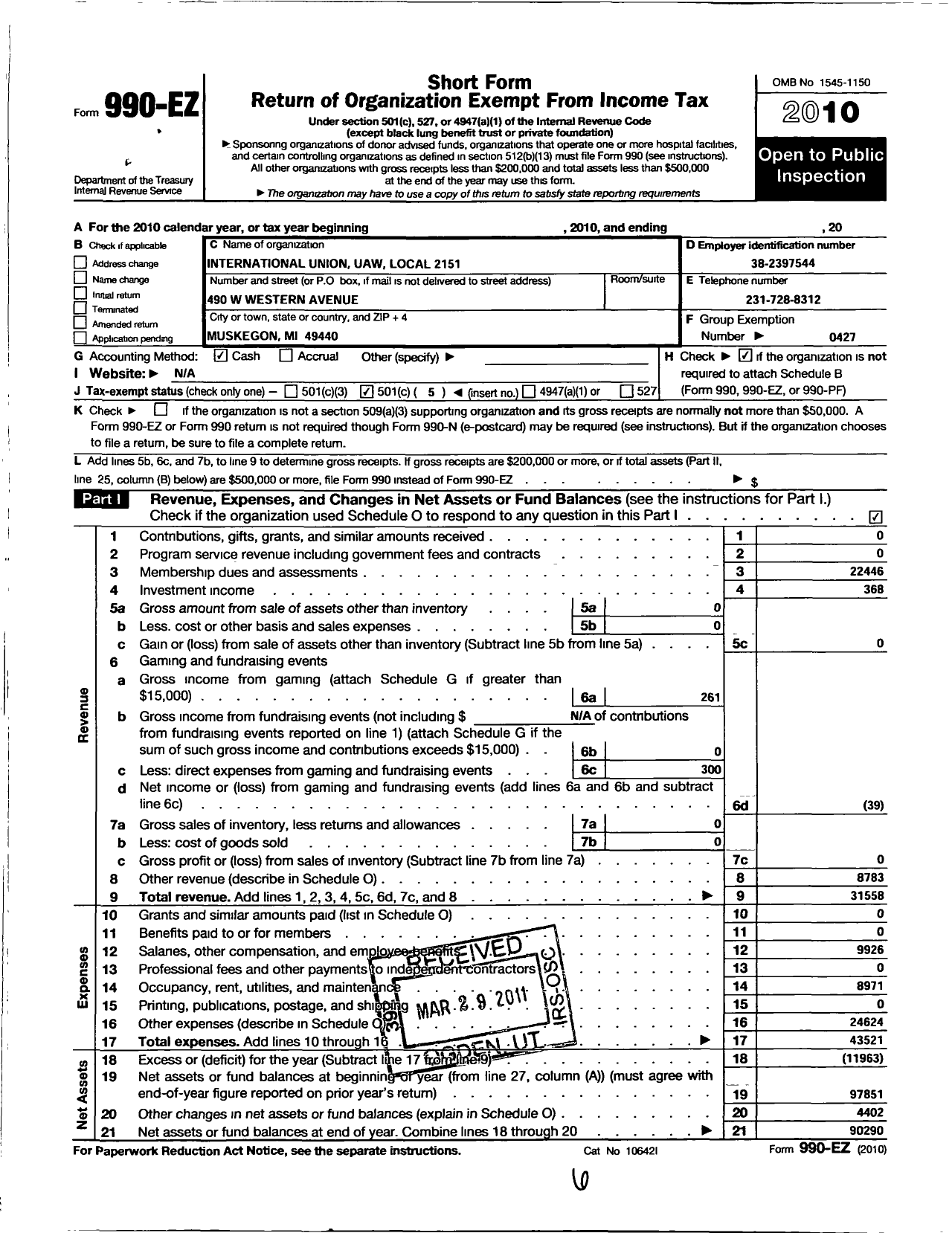 Image of first page of 2010 Form 990EO for Uaw - International Union United Auto Aerospace and Agricultural Workers