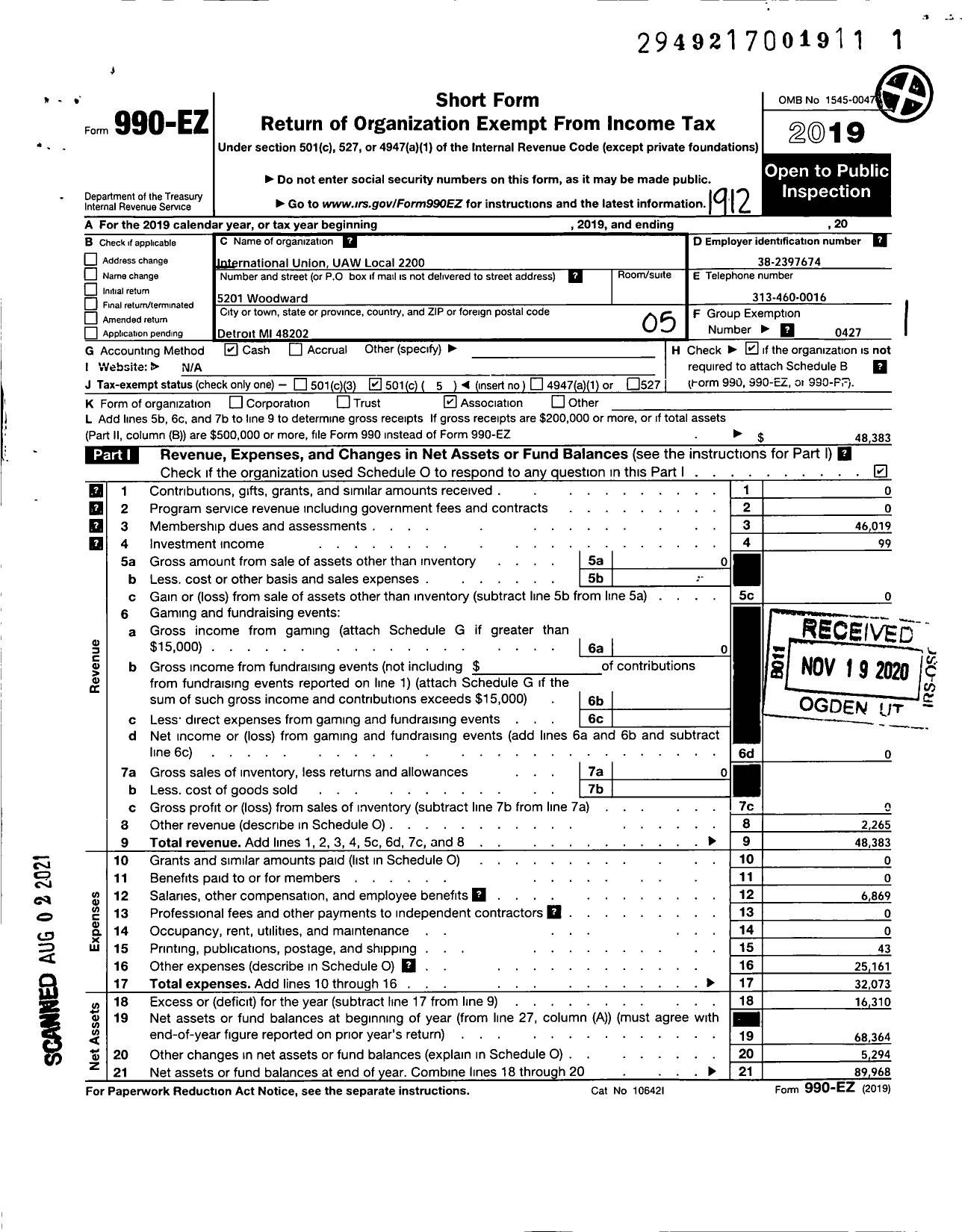 Image of first page of 2019 Form 990EO for UAW - 2200 Local