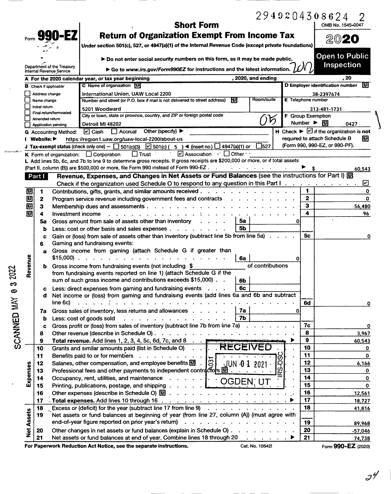 Image of first page of 2020 Form 990EO for UAW - 2200 Local