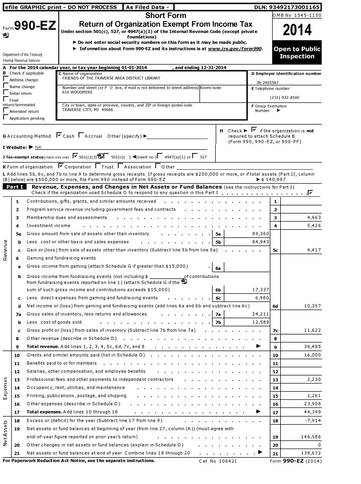 Image of first page of 2014 Form 990EZ for Friends of the Traverse Area