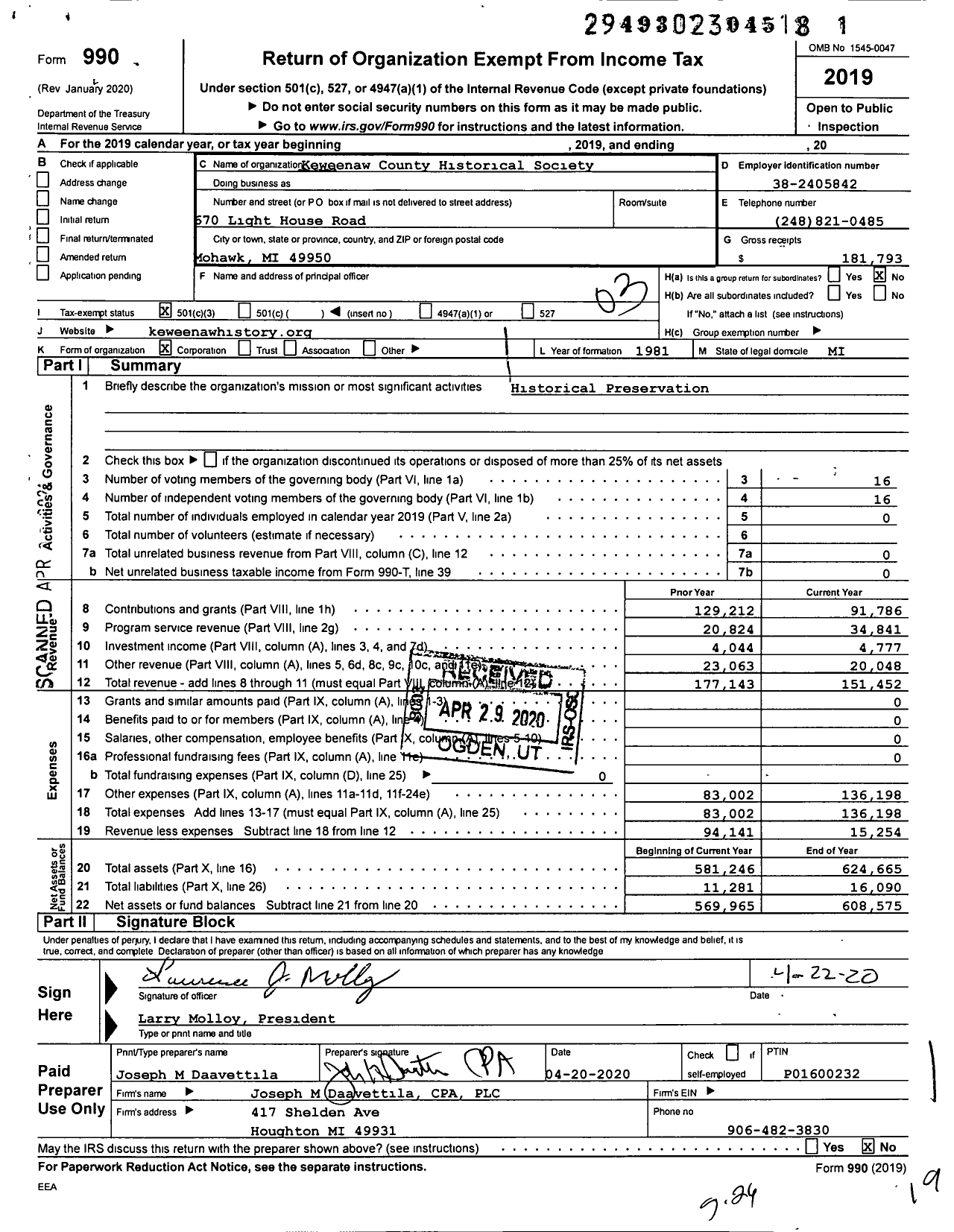 Image of first page of 2019 Form 990 for Keweenaw County Historical Society