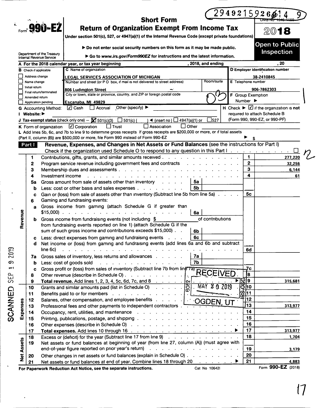 Image of first page of 2018 Form 990EZ for Legal Services Association of Michigan