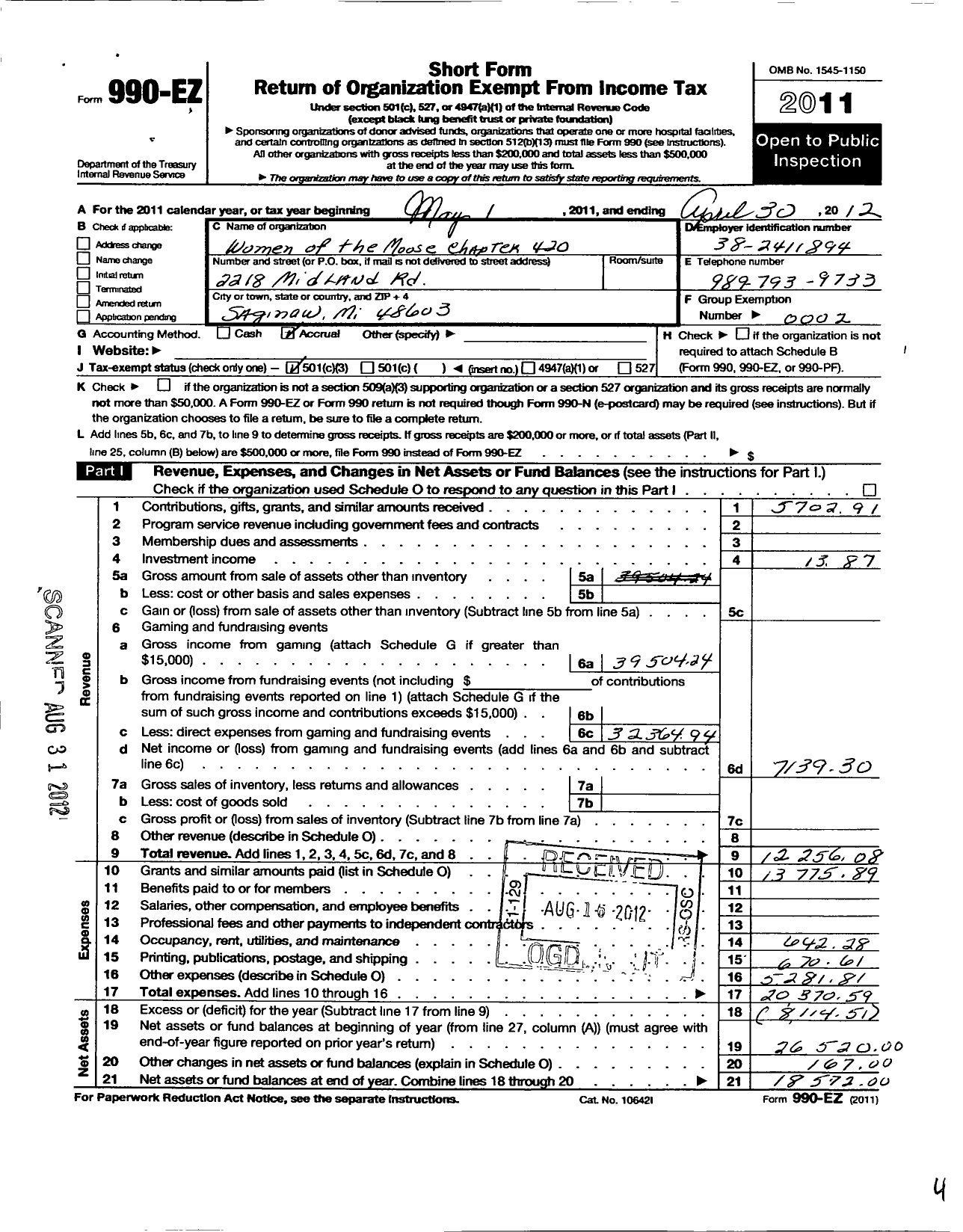 Image of first page of 2011 Form 990EZ for Loyal Order of Moose - 420