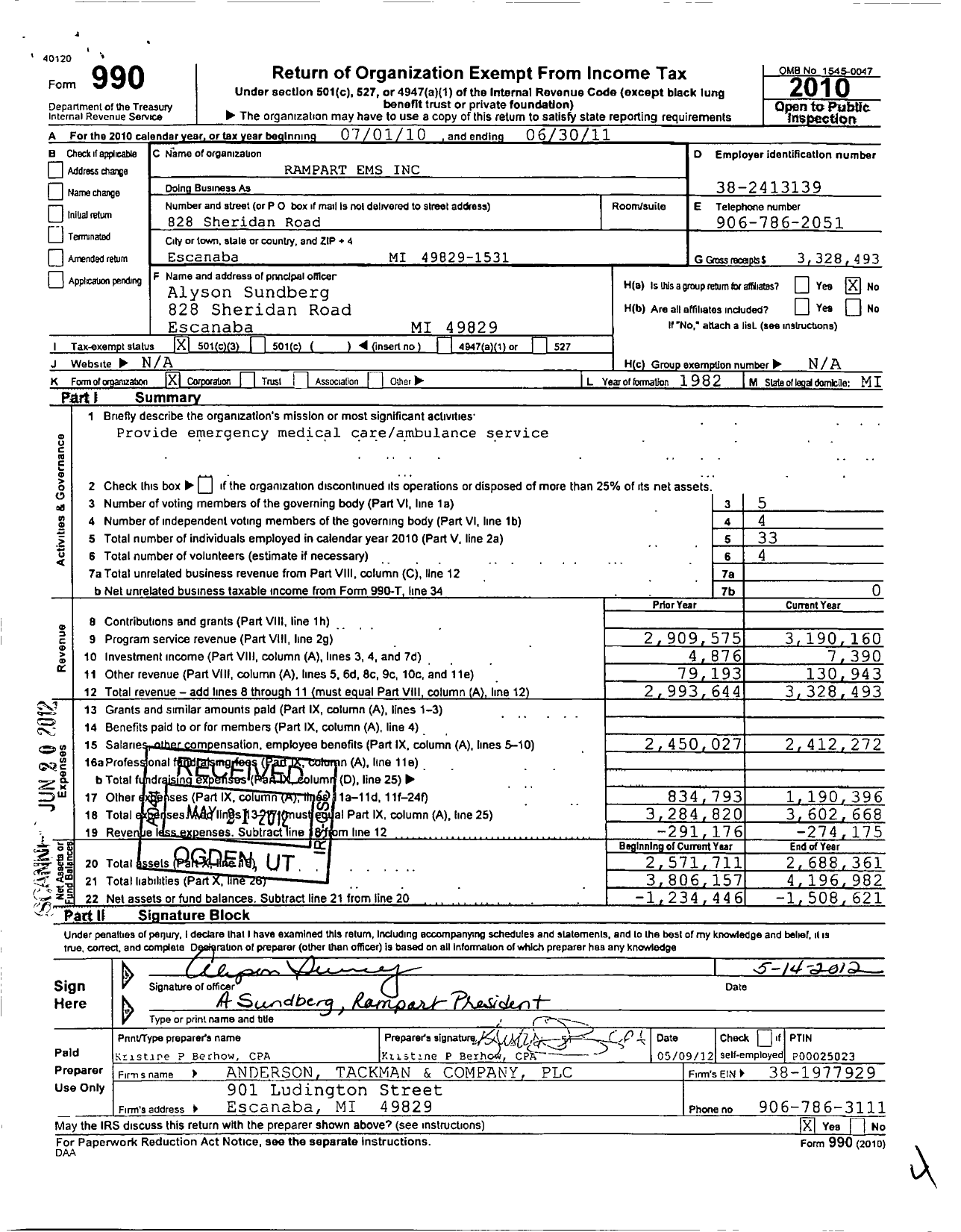 Image of first page of 2010 Form 990 for Rampart Ems