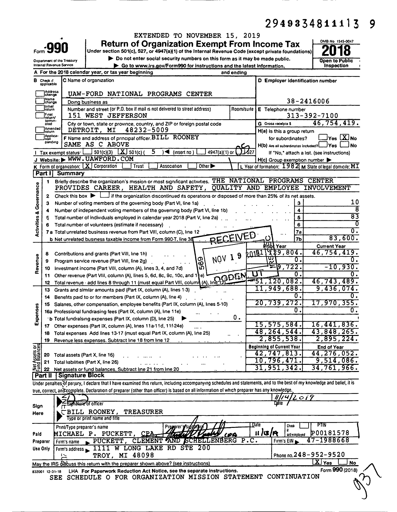 Image of first page of 2018 Form 990O for UAW-Ford National Programs Center