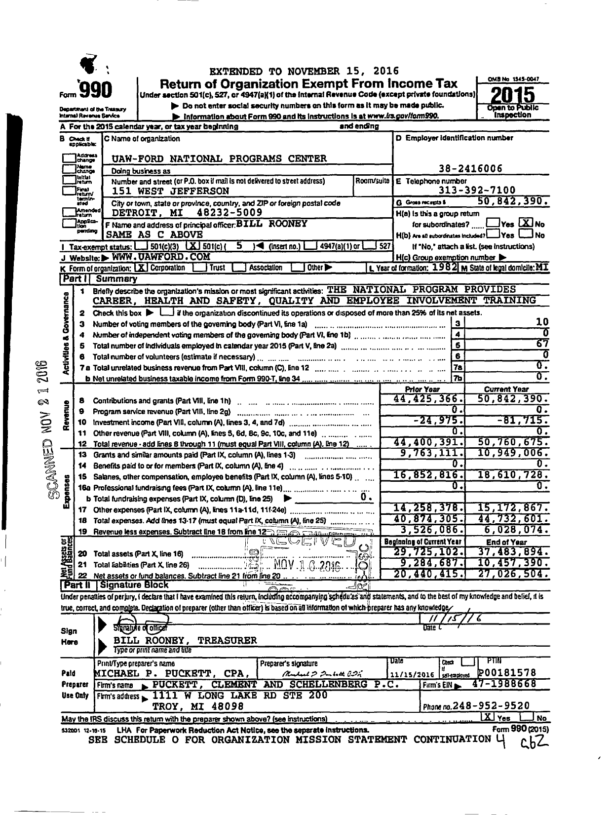 Image of first page of 2015 Form 990O for UAW-Ford National Programs Center