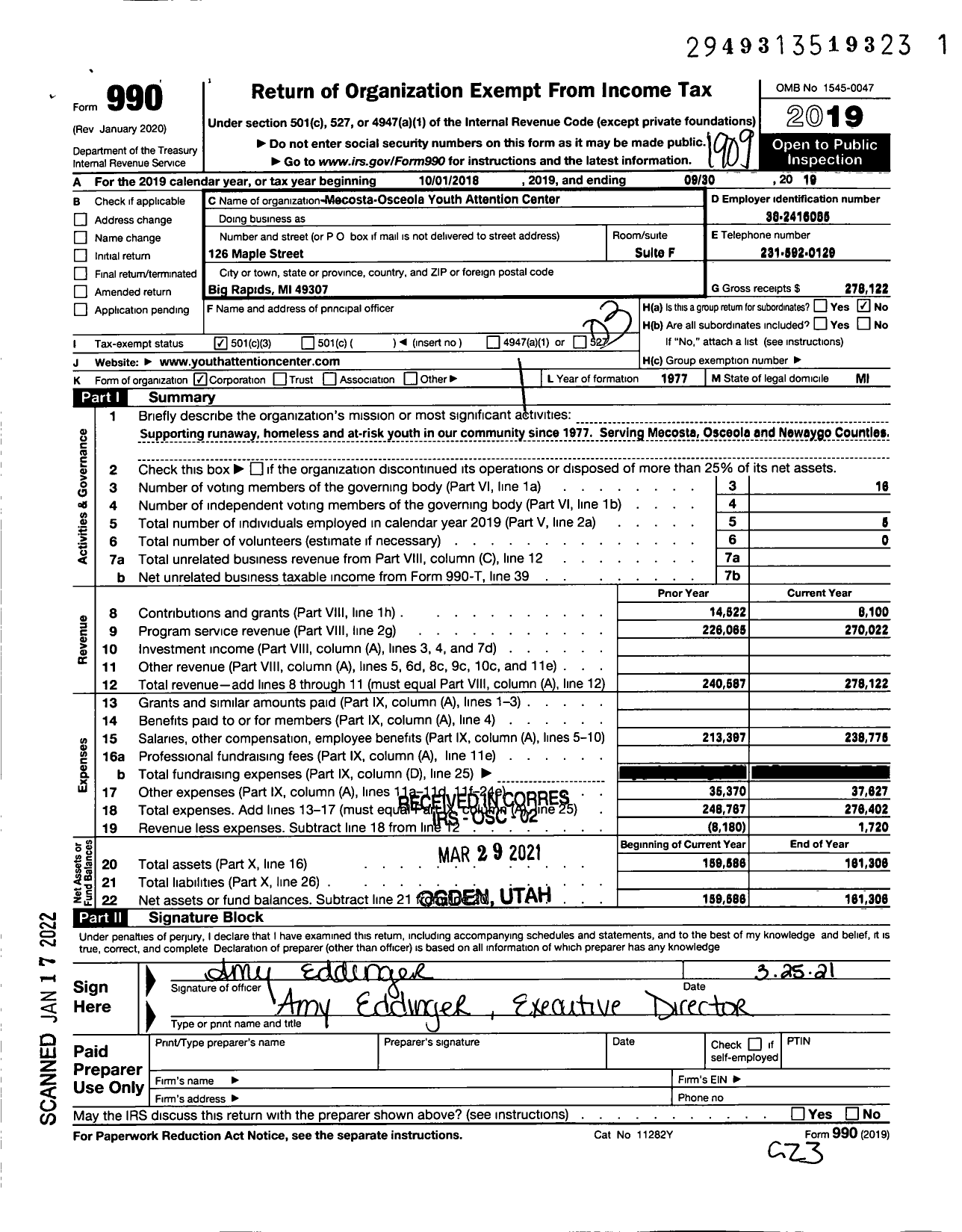 Image of first page of 2018 Form 990 for Mecosta-Osceola Youth Attention Center