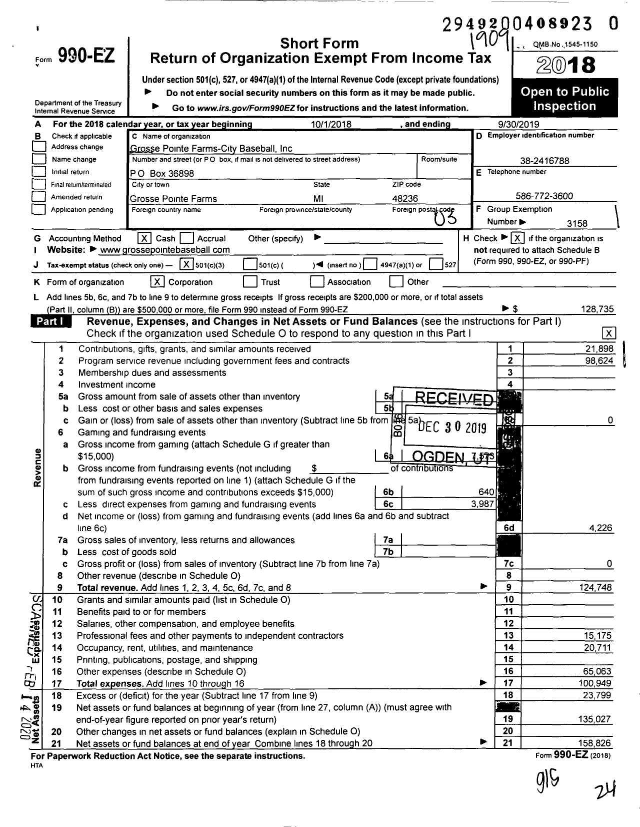 Image of first page of 2018 Form 990EZ for Little League Baseball - 1220602 Grosse Pointe Farms-City LL