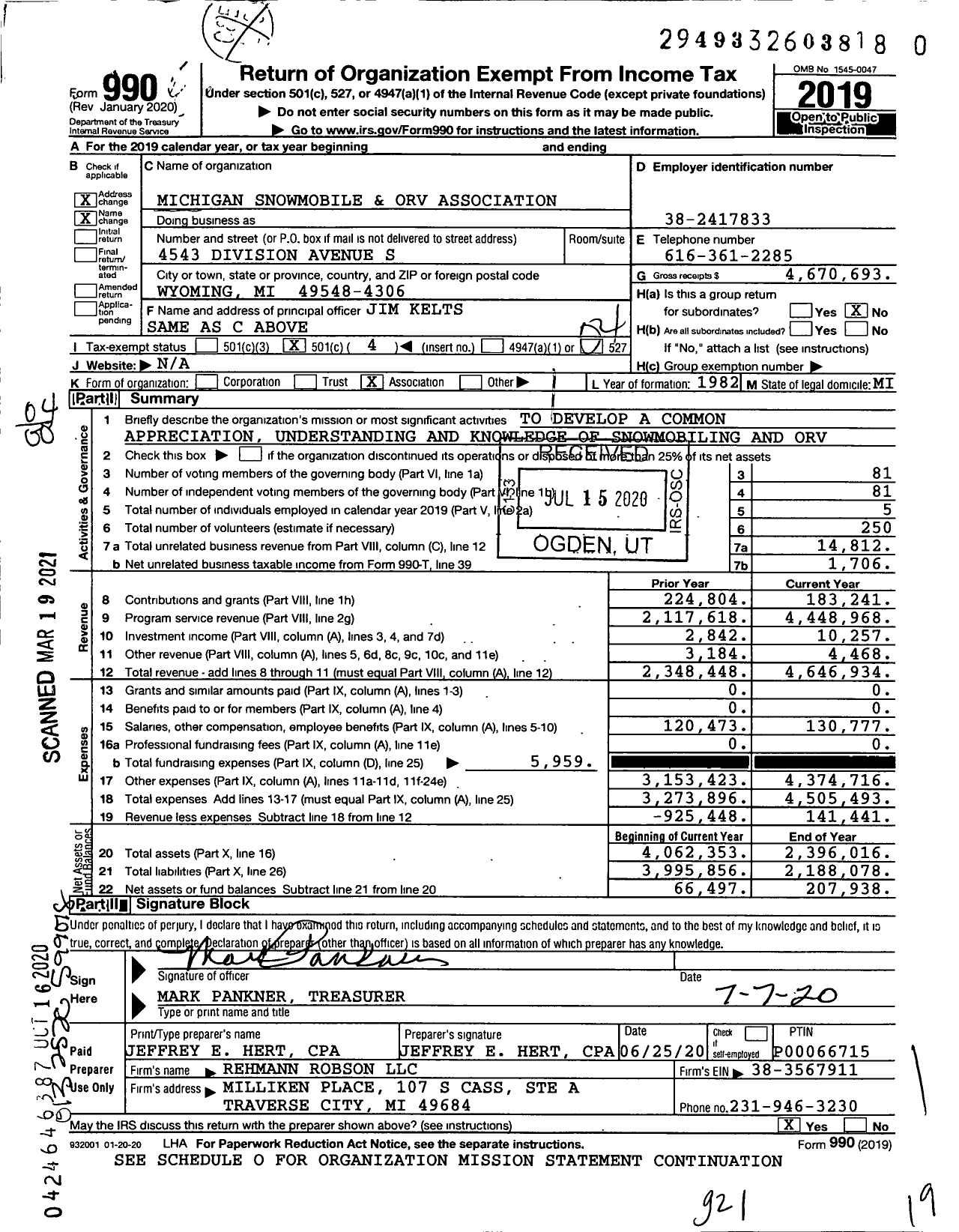 Image of first page of 2019 Form 990O for Michigan Snowmobile and Orv Association