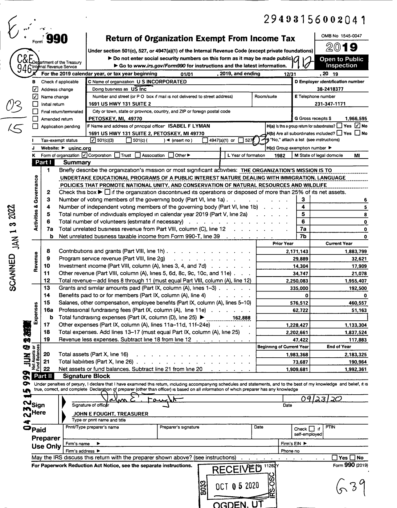 Image of first page of 2019 Form 990 for Us