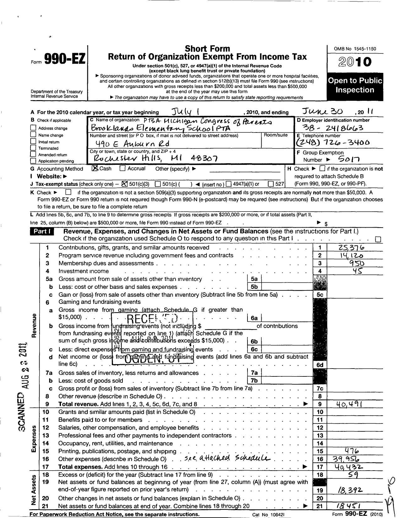 Image of first page of 2010 Form 990EZ for PTSA MICHIGAN CONGRESS OF PARENTS TEACHERS AND STUDENTS Brooklands School PTA