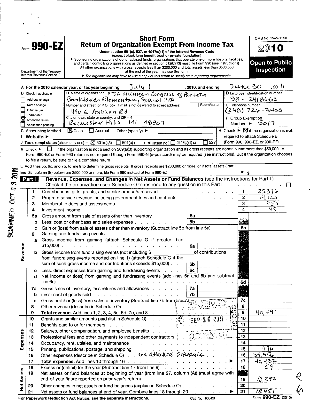 Image of first page of 2010 Form 990EZ for PTSA MICHIGAN CONGRESS OF PARENTS TEACHERS AND STUDENTS Brooklands School PTA