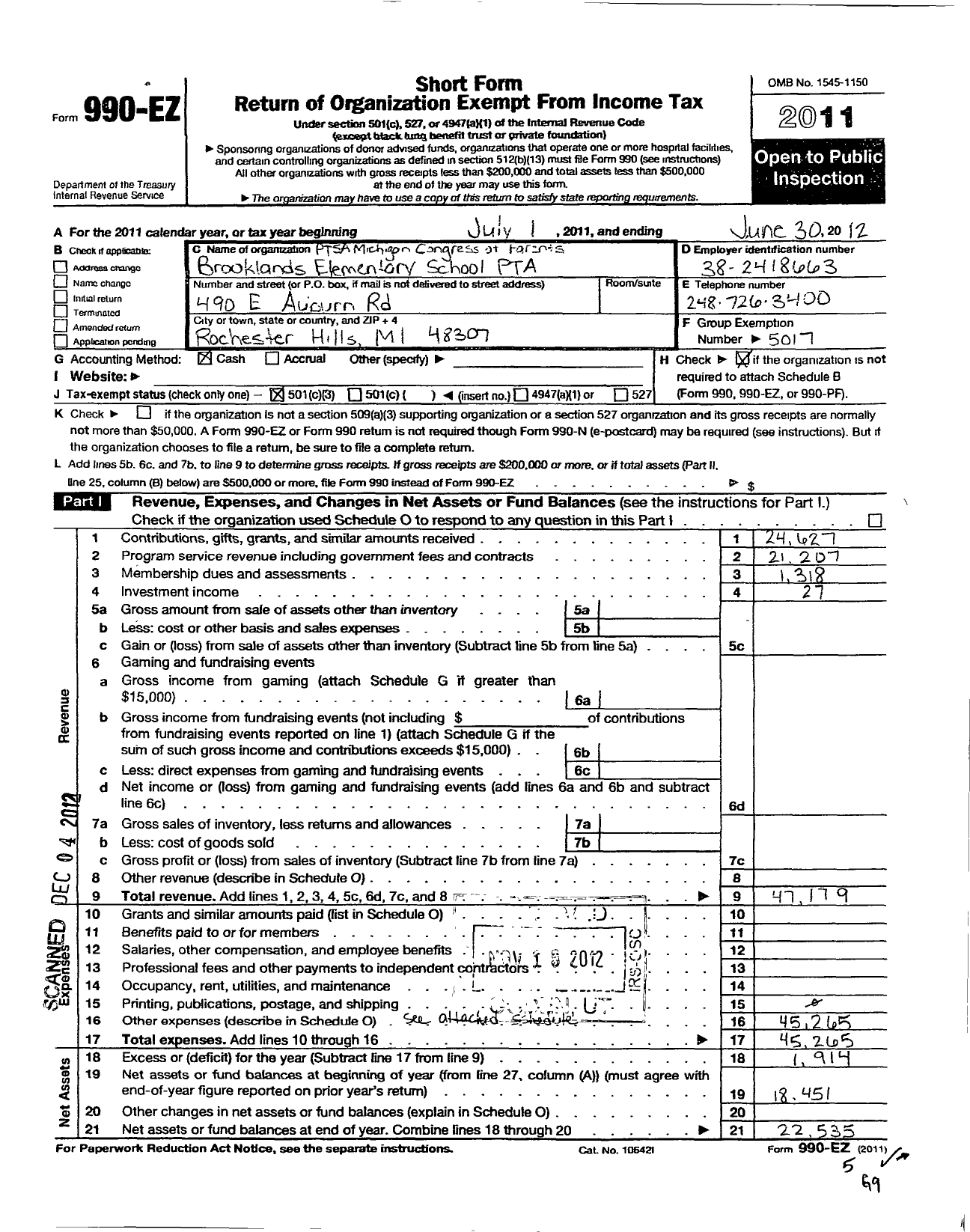 Image of first page of 2011 Form 990EZ for PTSA MICHIGAN CONGRESS OF PARENTS TEACHERS AND STUDENTS Brooklands School PTA