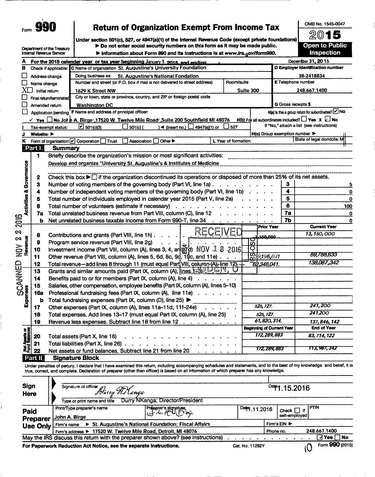 Image of first page of 2015 Form 990 for St Augustine's National Foundation