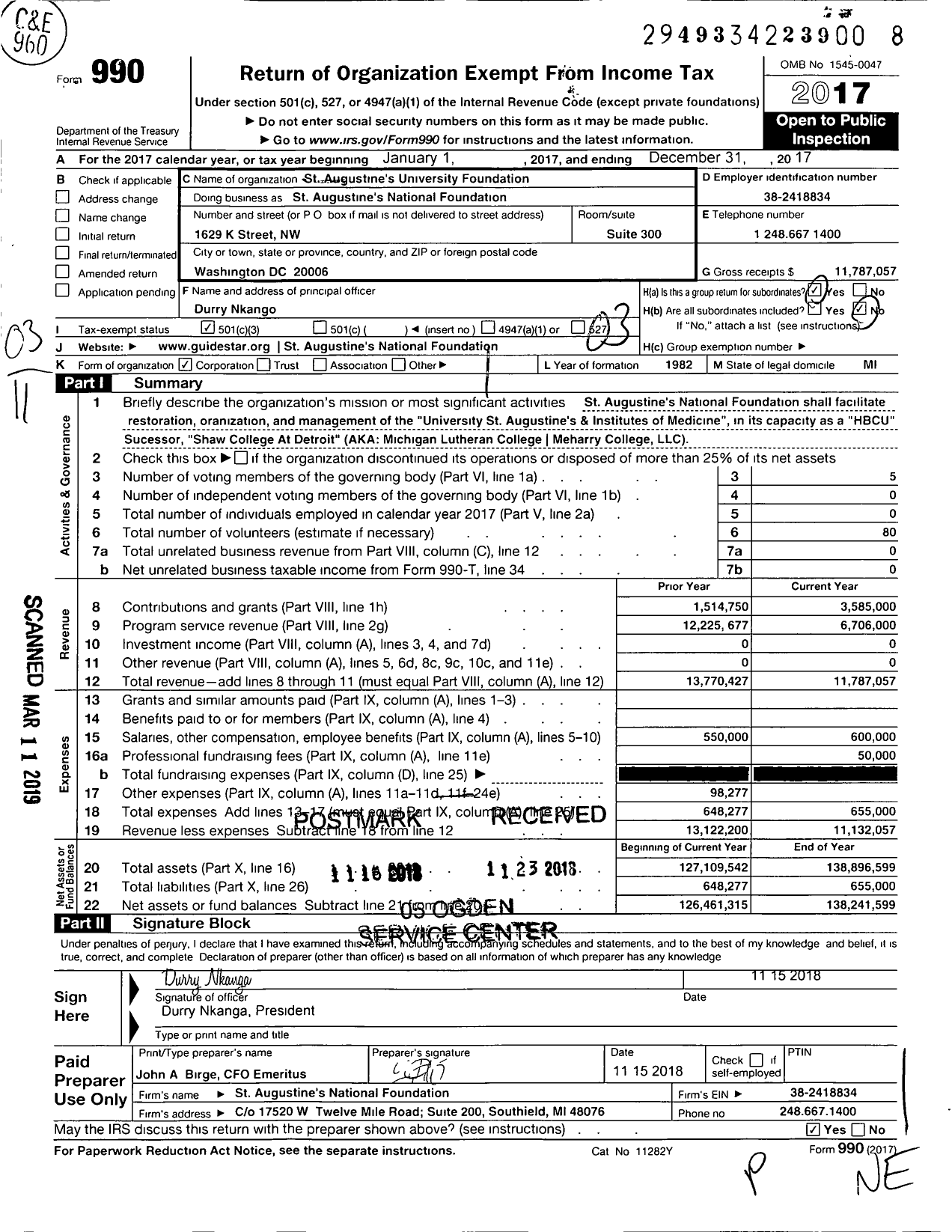 Image of first page of 2017 Form 990 for St Augustine's National Foundation