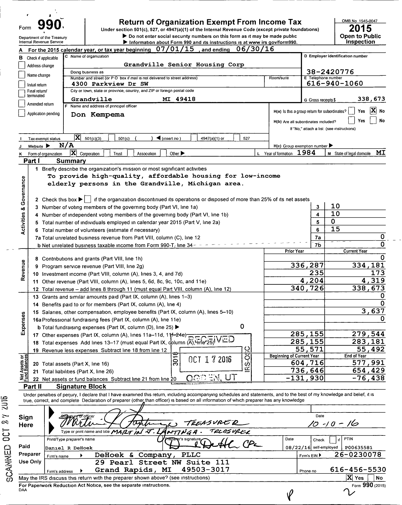 Image of first page of 2015 Form 990 for Grandville Senior Housing Corporation