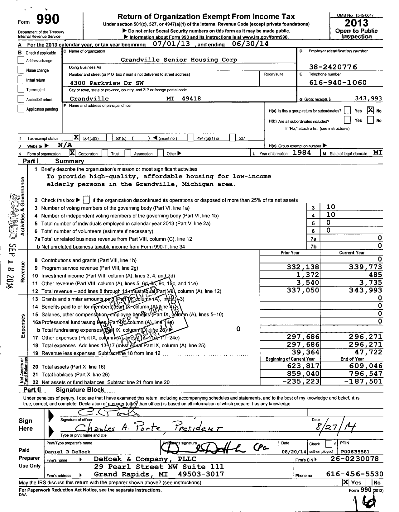 Image of first page of 2013 Form 990 for Grandville Senior Housing Corporation