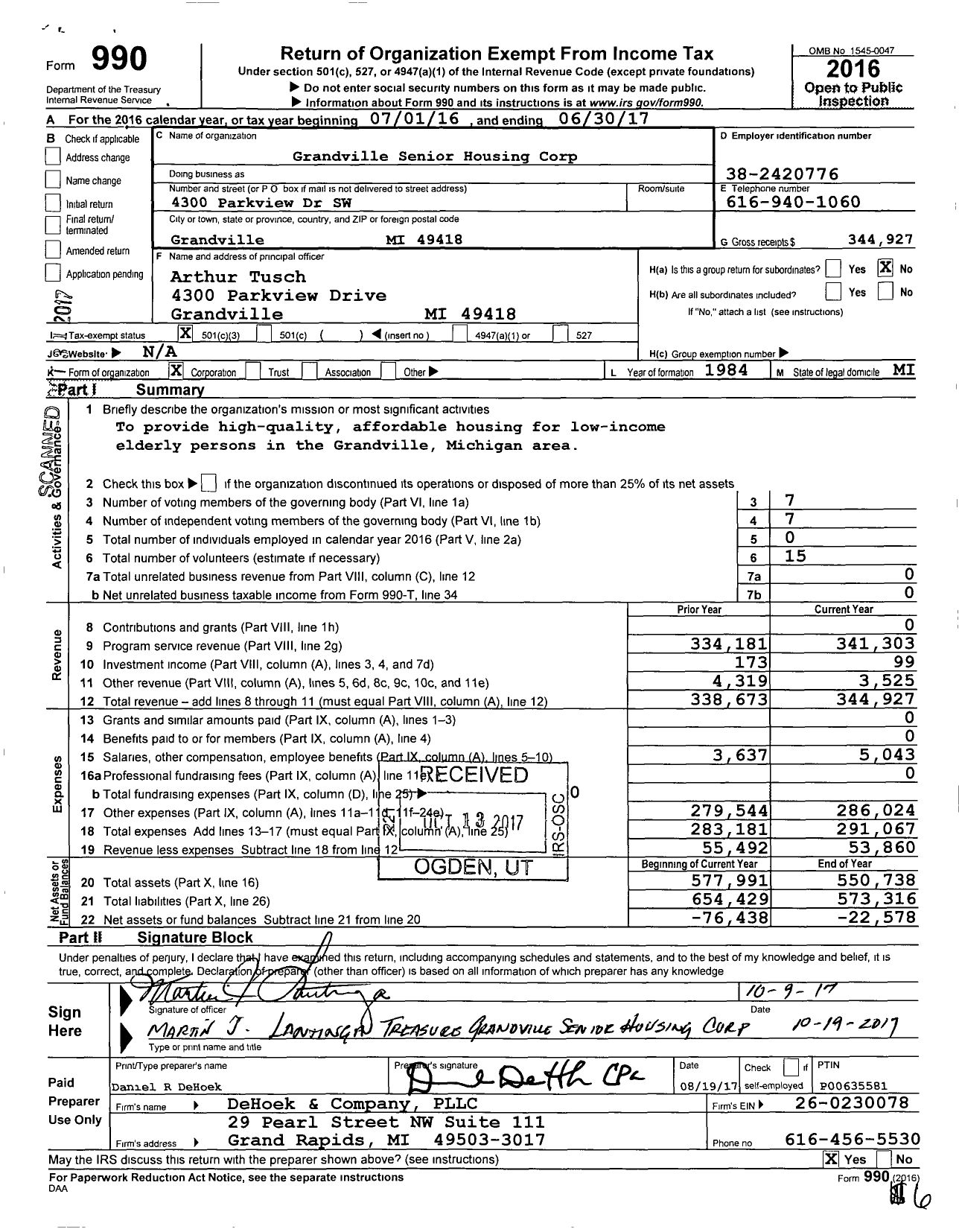 Image of first page of 2016 Form 990 for Grandville Senior Housing Corporation