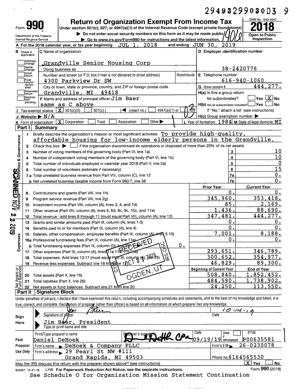 Image of first page of 2018 Form 990 for Grandville Senior Housing Corporation