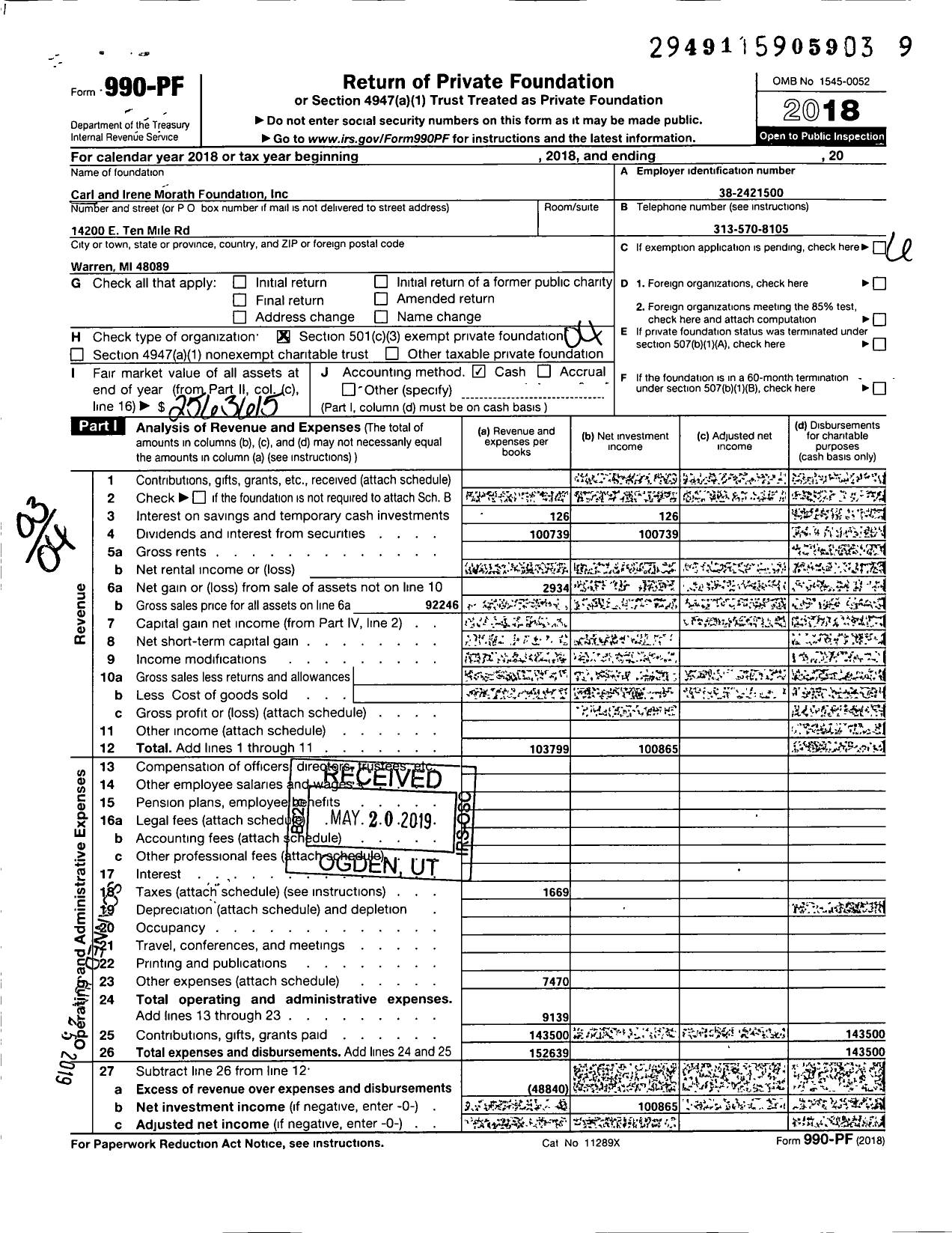 Image of first page of 2018 Form 990PF for Carl and Irene Morath Foundation