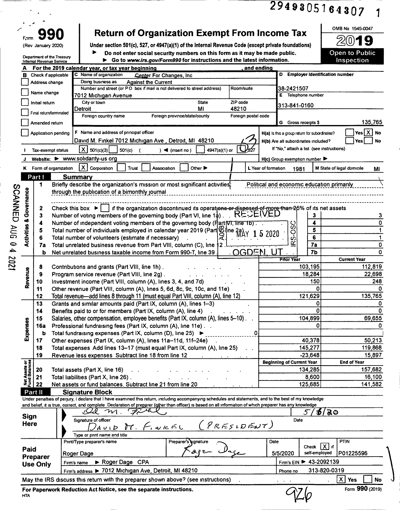 Image of first page of 2019 Form 990 for Against the Current