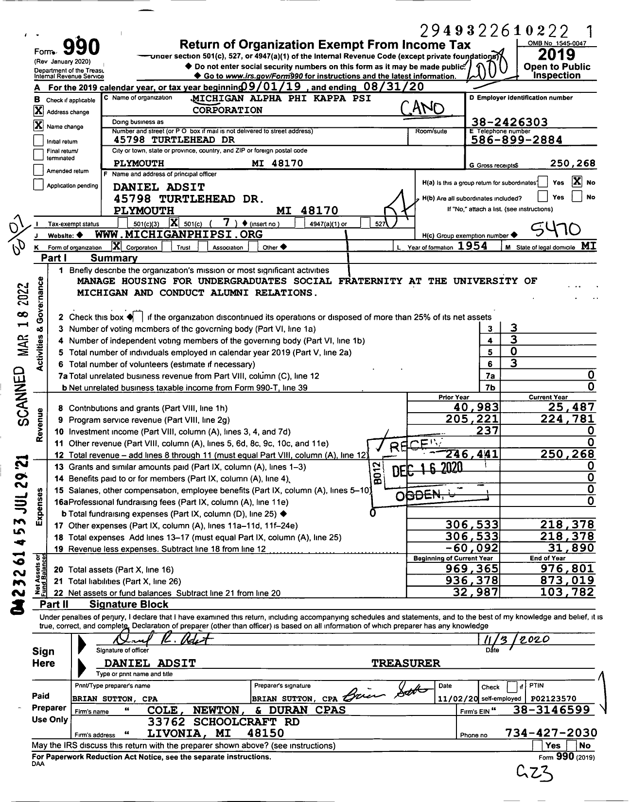 Image of first page of 2019 Form 990O for Michigan Alpha Phi Kappa Psi Corporation