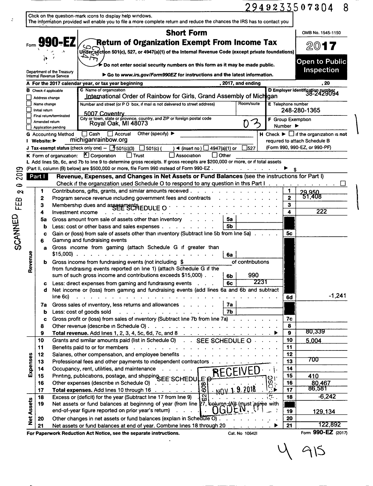 Image of first page of 2017 Form 990EZ for INTERNATIONAL ORDER OF THE RAINBOW Girls - Michigan Grand Assembly