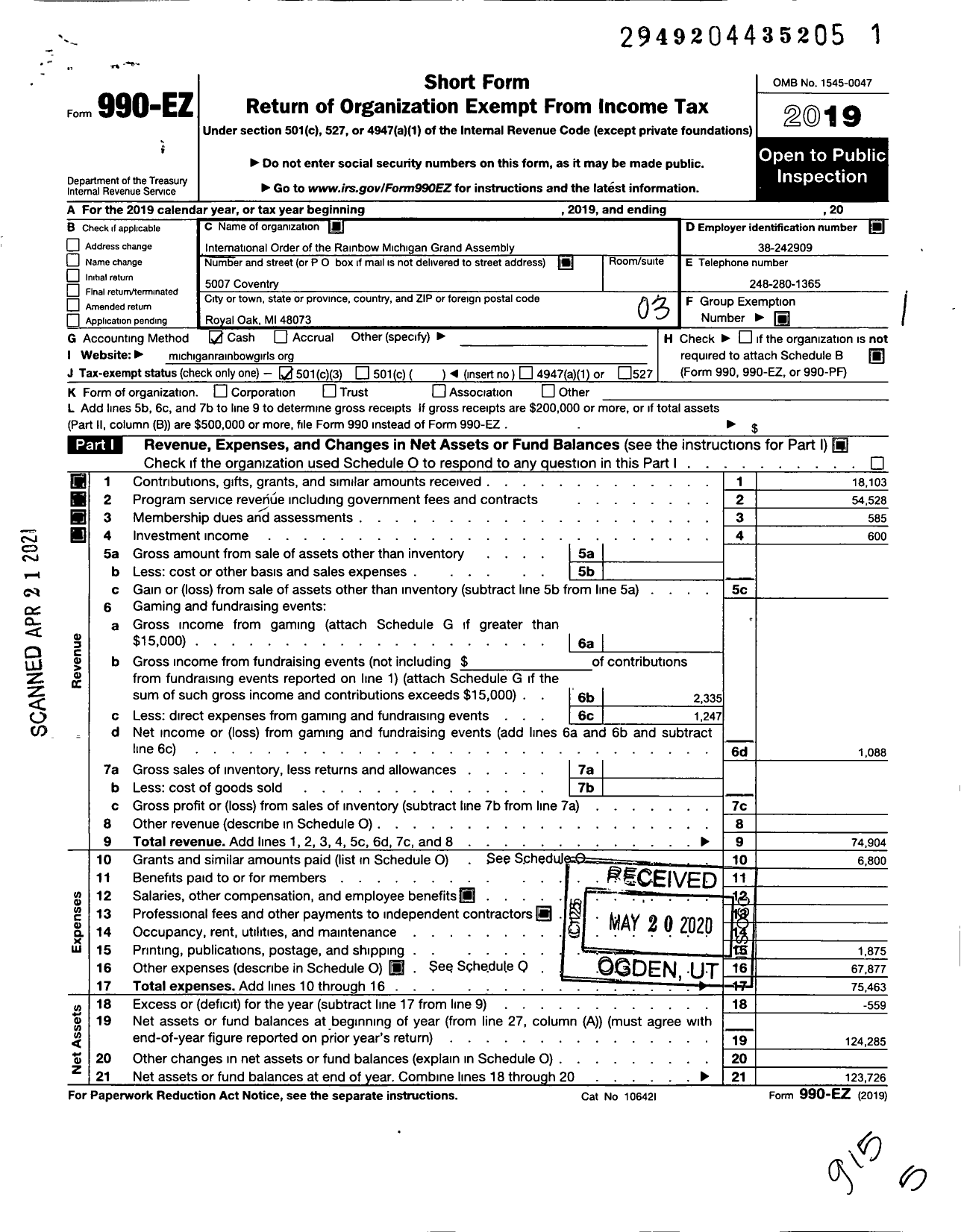 Image of first page of 2019 Form 990EZ for INTERNATIONAL ORDER OF THE RAINBOW Girls - Michigan Grand Assembly