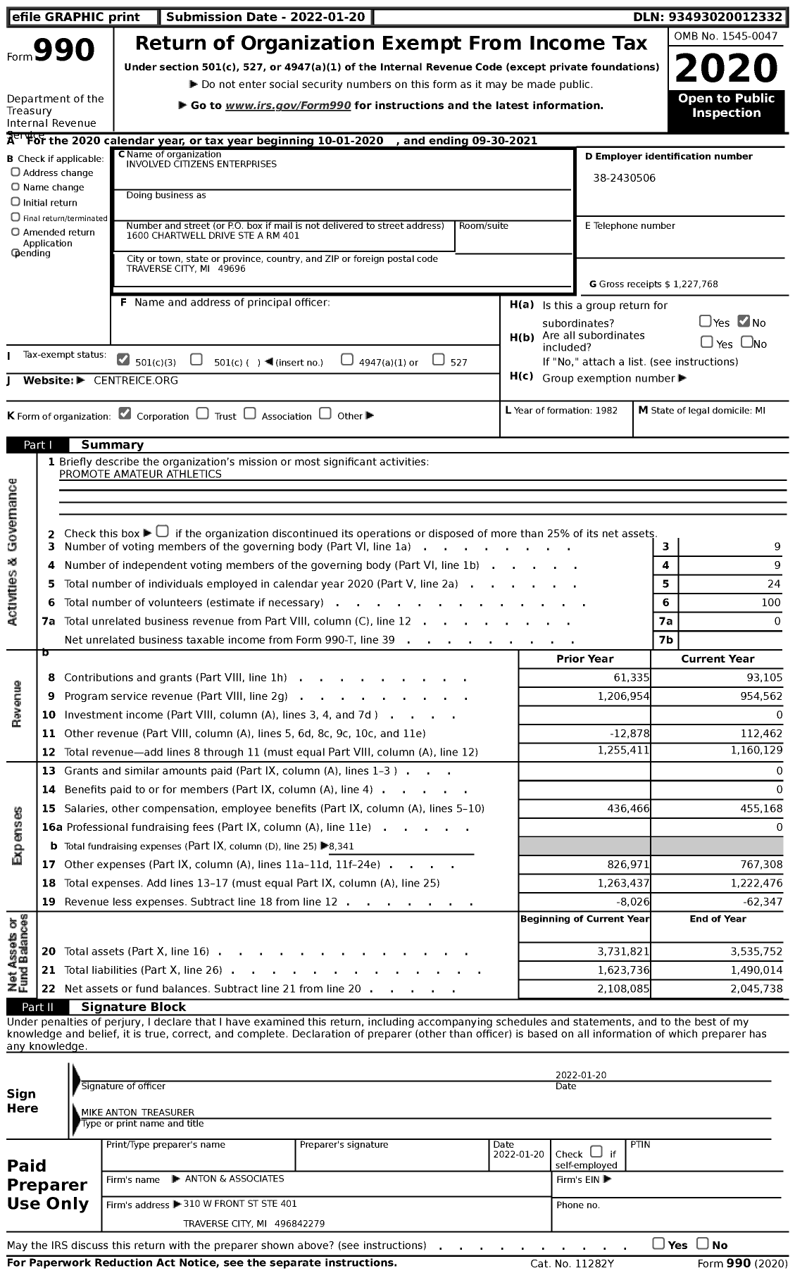Image of first page of 2020 Form 990 for Involved Citizens Enterprises