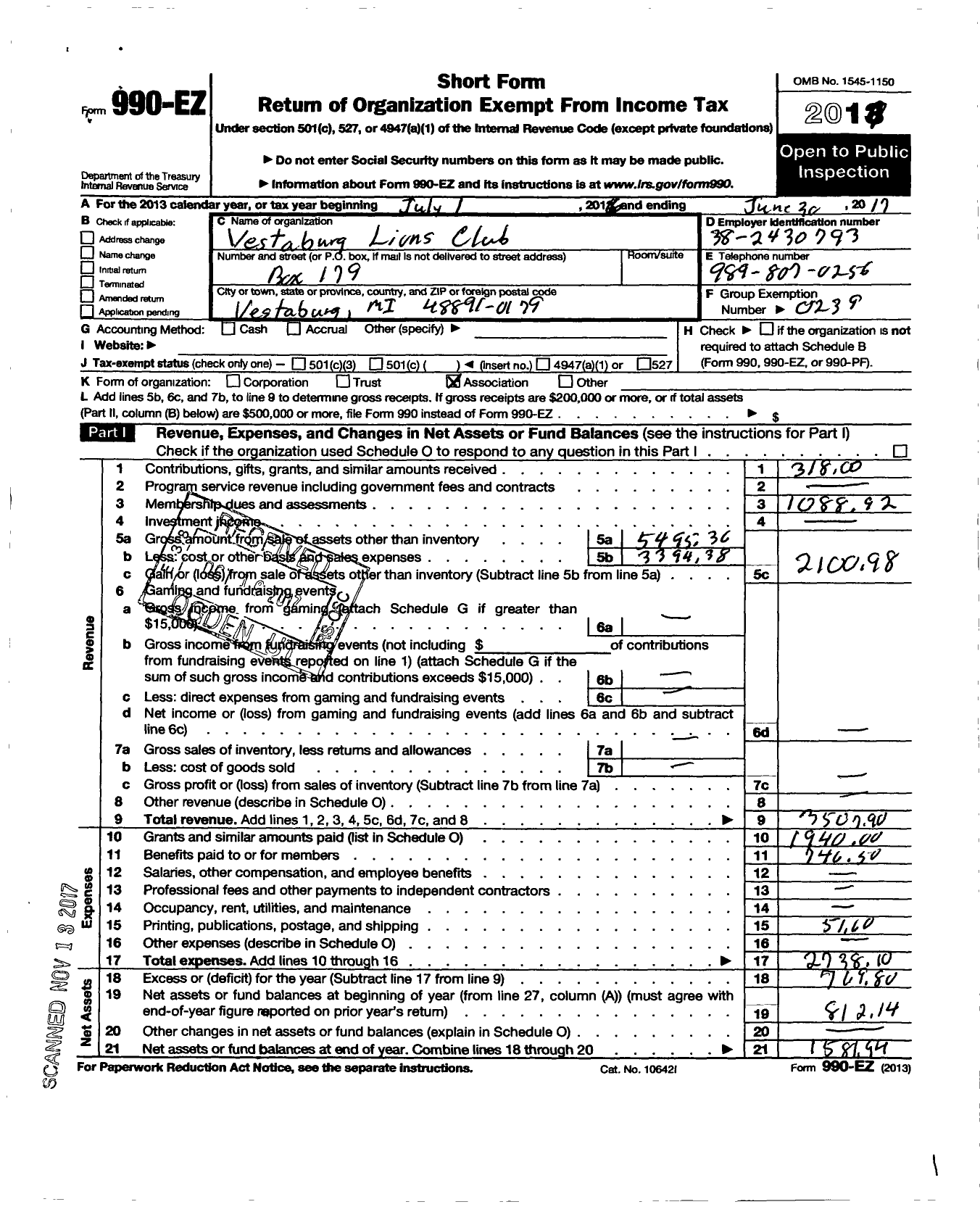 Image of first page of 2016 Form 990EO for Lions Clubs - 33206 Vestaburg