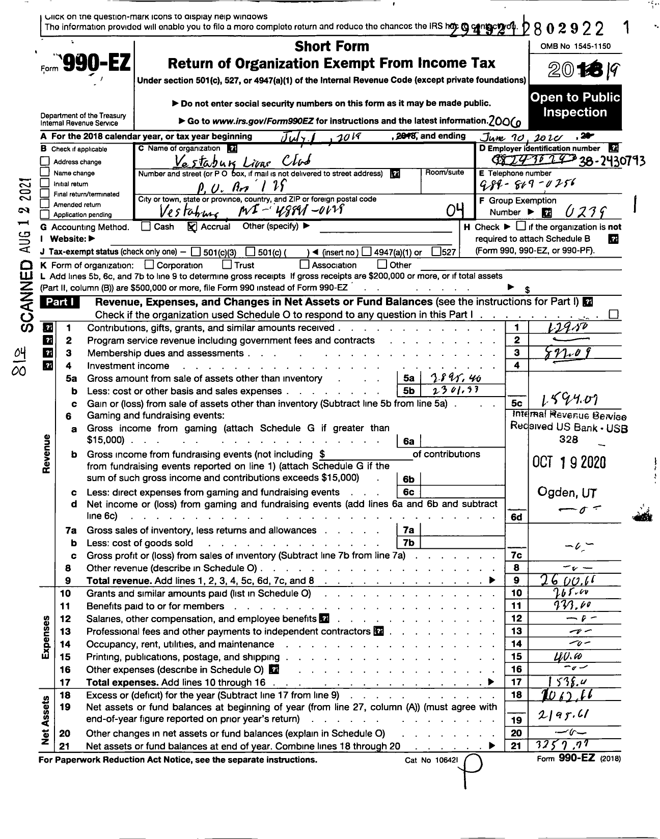 Image of first page of 2019 Form 990EO for Lions Clubs - 33206 Vestaburg