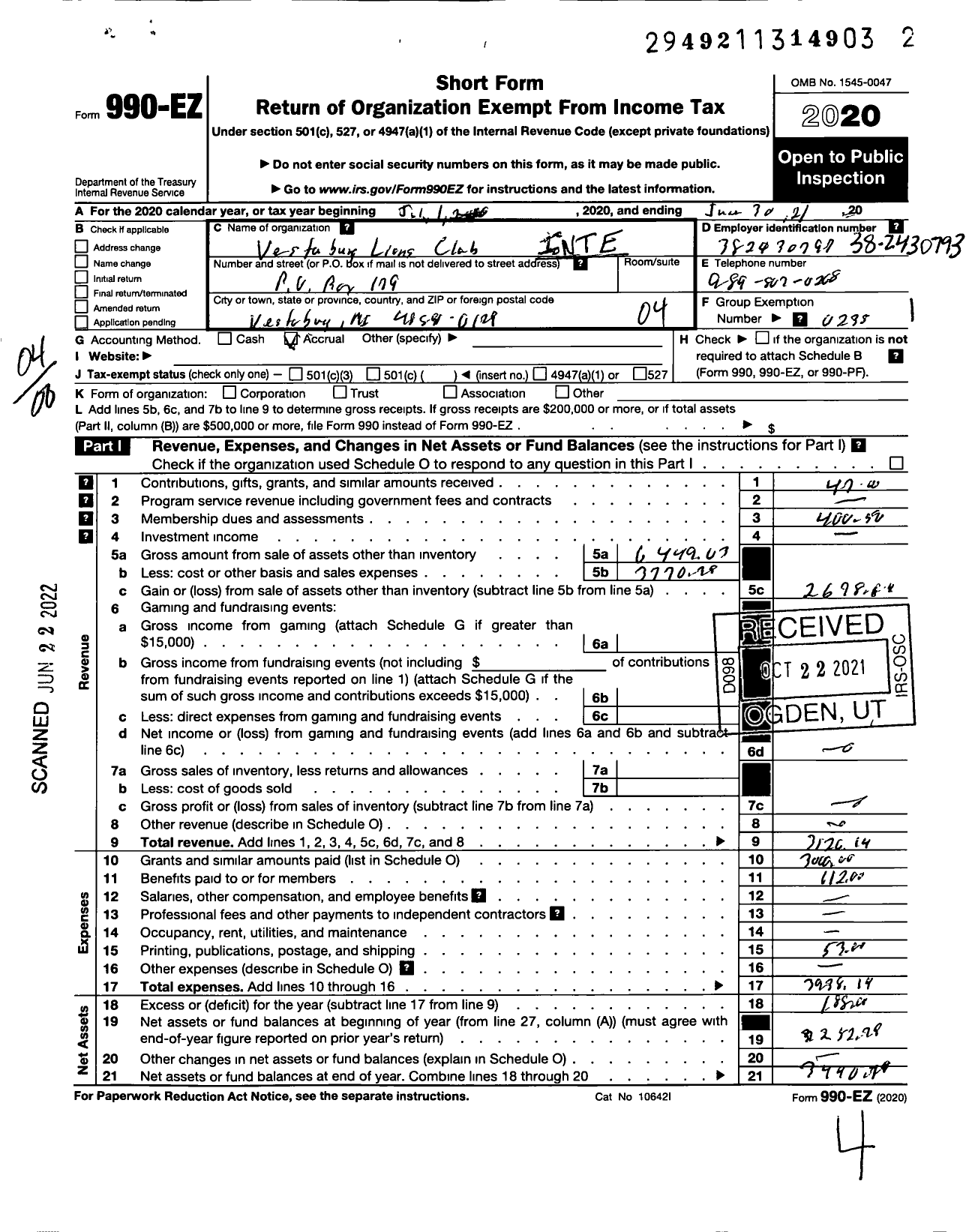 Image of first page of 2020 Form 990EO for Lions Clubs - 33206 Vestaburg