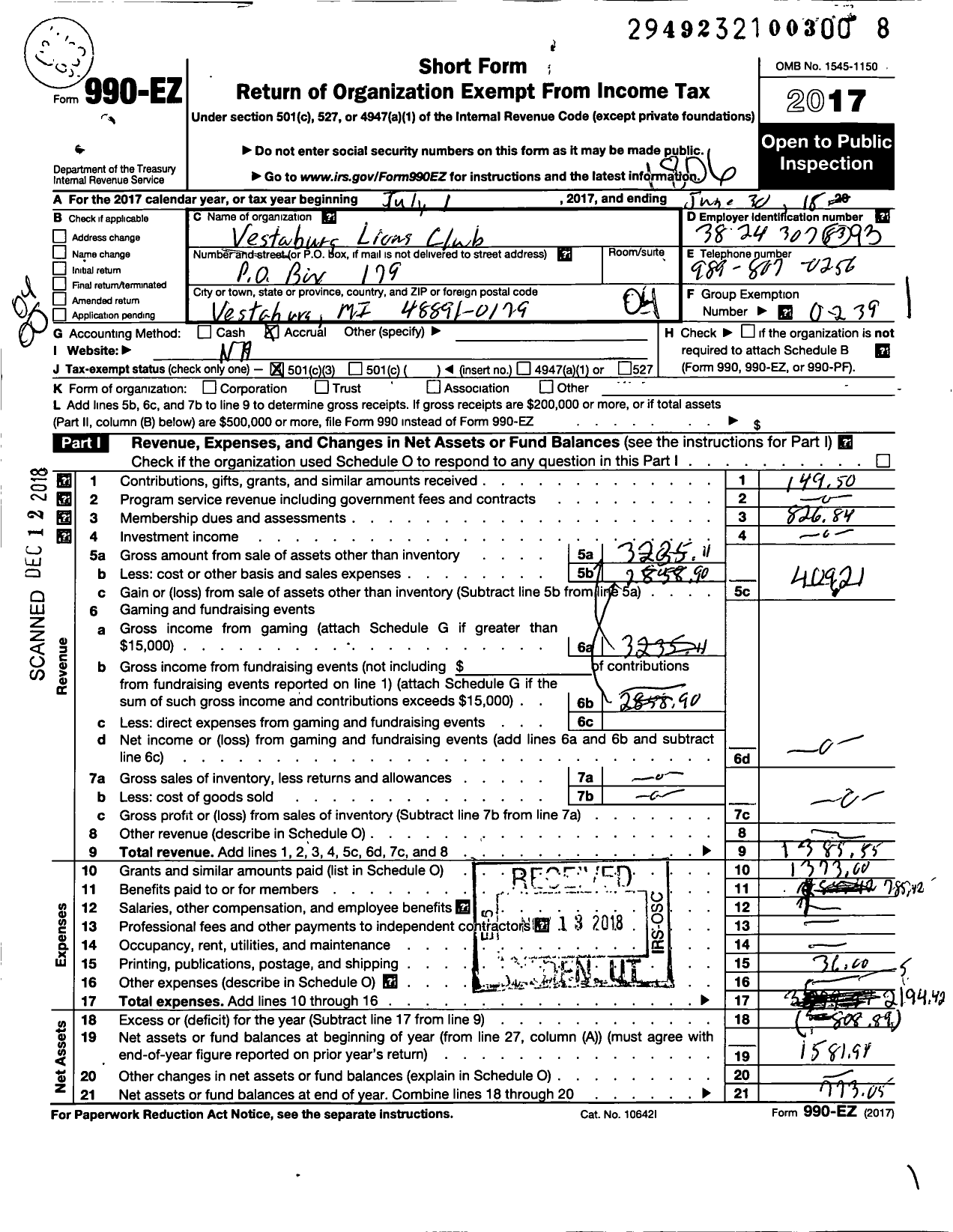 Image of first page of 2017 Form 990EO for Lions Clubs - 33206 Vestaburg