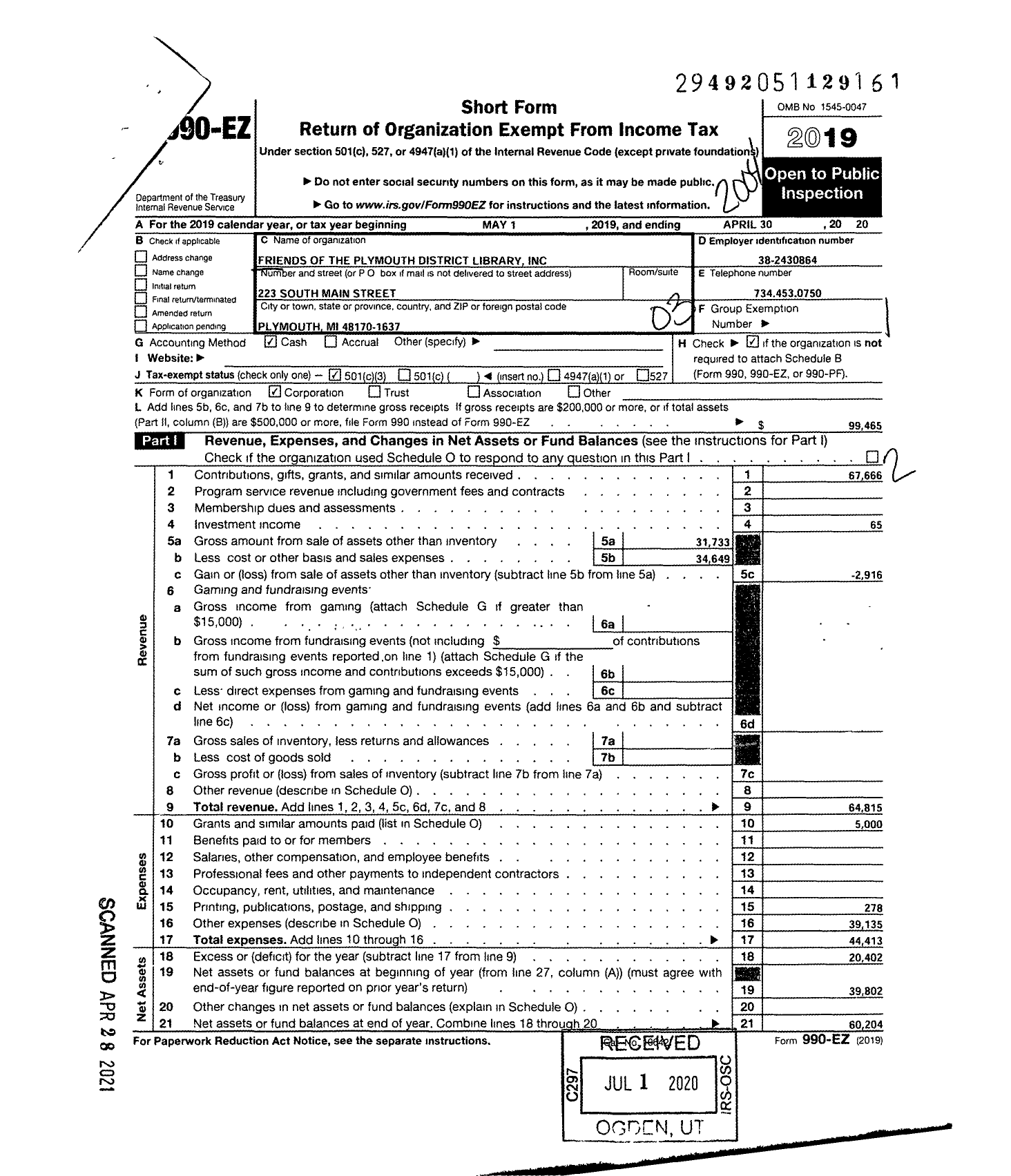 Image of first page of 2019 Form 990EZ for Friends of the Plymouth District Library