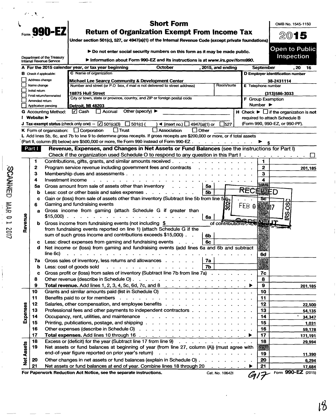 Image of first page of 2015 Form 990EZ for Michael Lee Searcy Community and Development Center