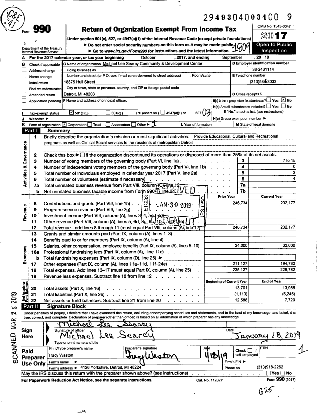 Image of first page of 2017 Form 990 for Michael Lee Searcy Community and Development Center