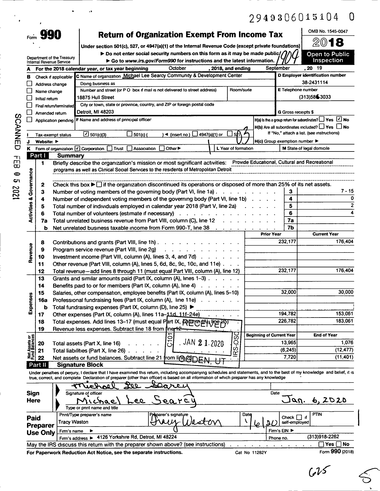 Image of first page of 2018 Form 990 for Michael Lee Searcy Community and Development Center