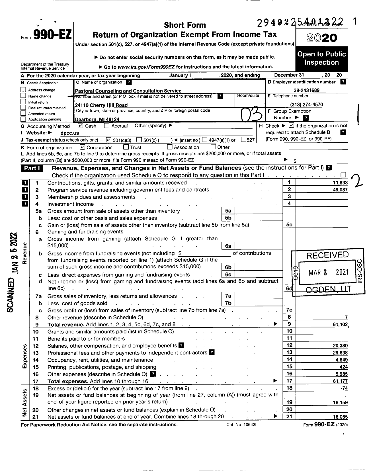 Image of first page of 2020 Form 990EZ for Pastoral Counseling and Consultation