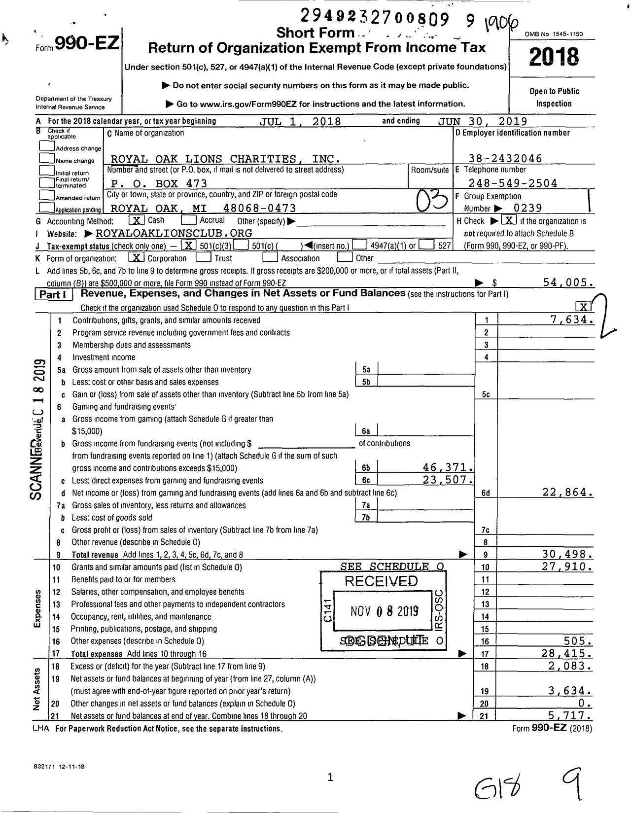 Image of first page of 2018 Form 990EZ for Royal Oak Lions Charities