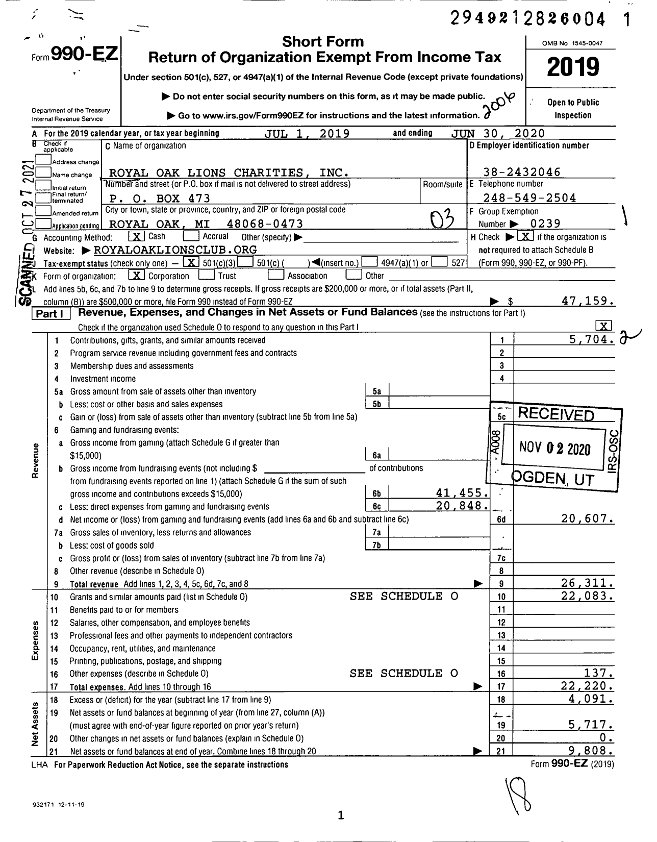 Image of first page of 2019 Form 990EZ for Royal Oak Lions Charities