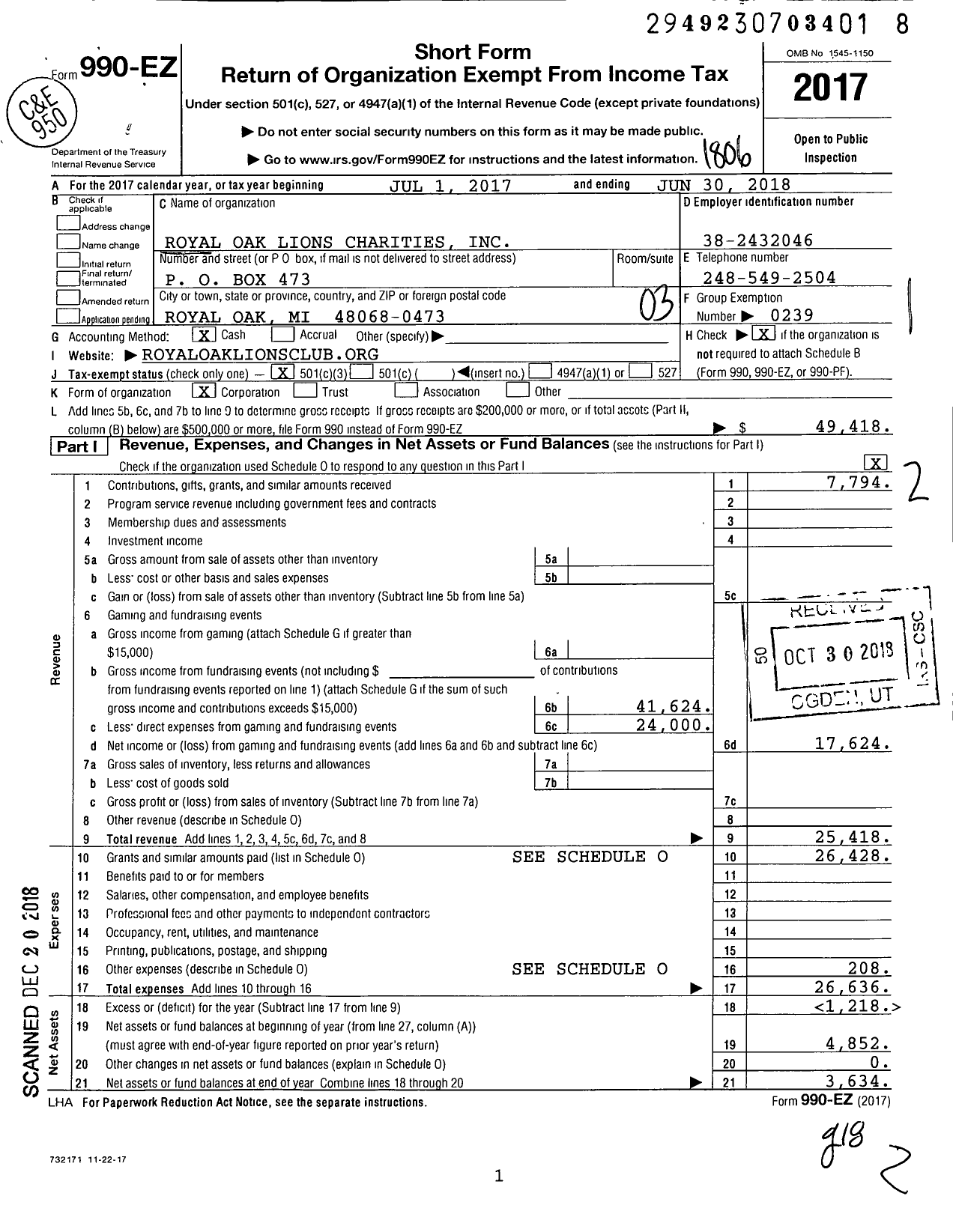 Image of first page of 2017 Form 990EZ for Royal Oak Lions Charities