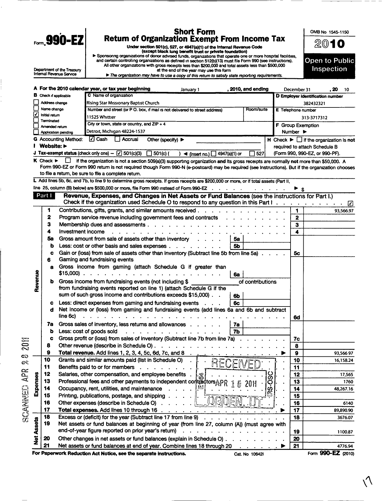 Image of first page of 2010 Form 990EZ for Rising Star Missionary Baptist Church