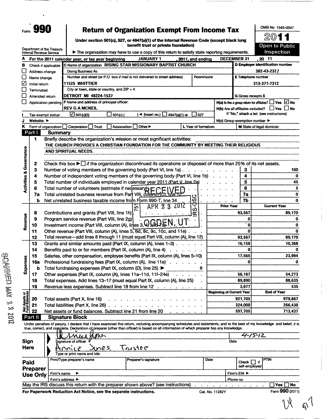 Image of first page of 2011 Form 990 for Rising Star Missionary Baptist Church
