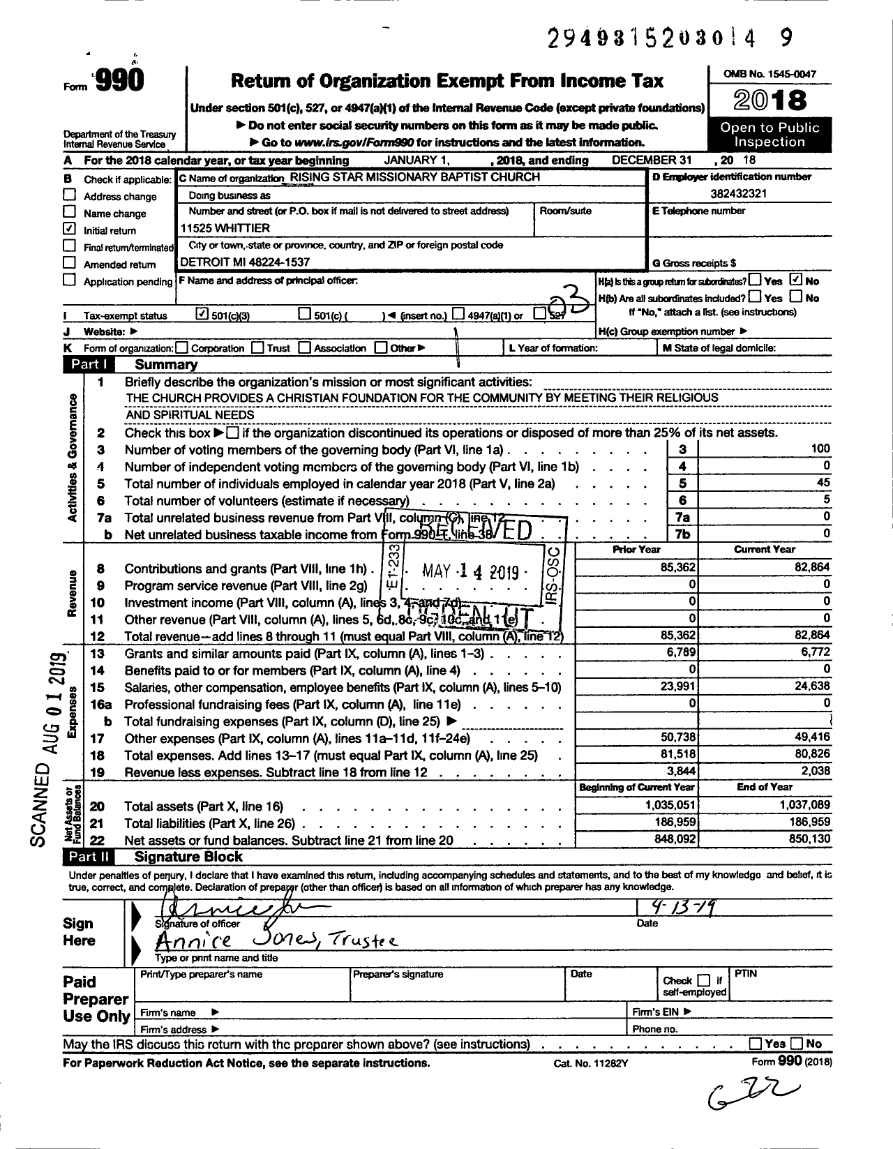 Image of first page of 2018 Form 990 for Rising Star Missionary Baptist Church