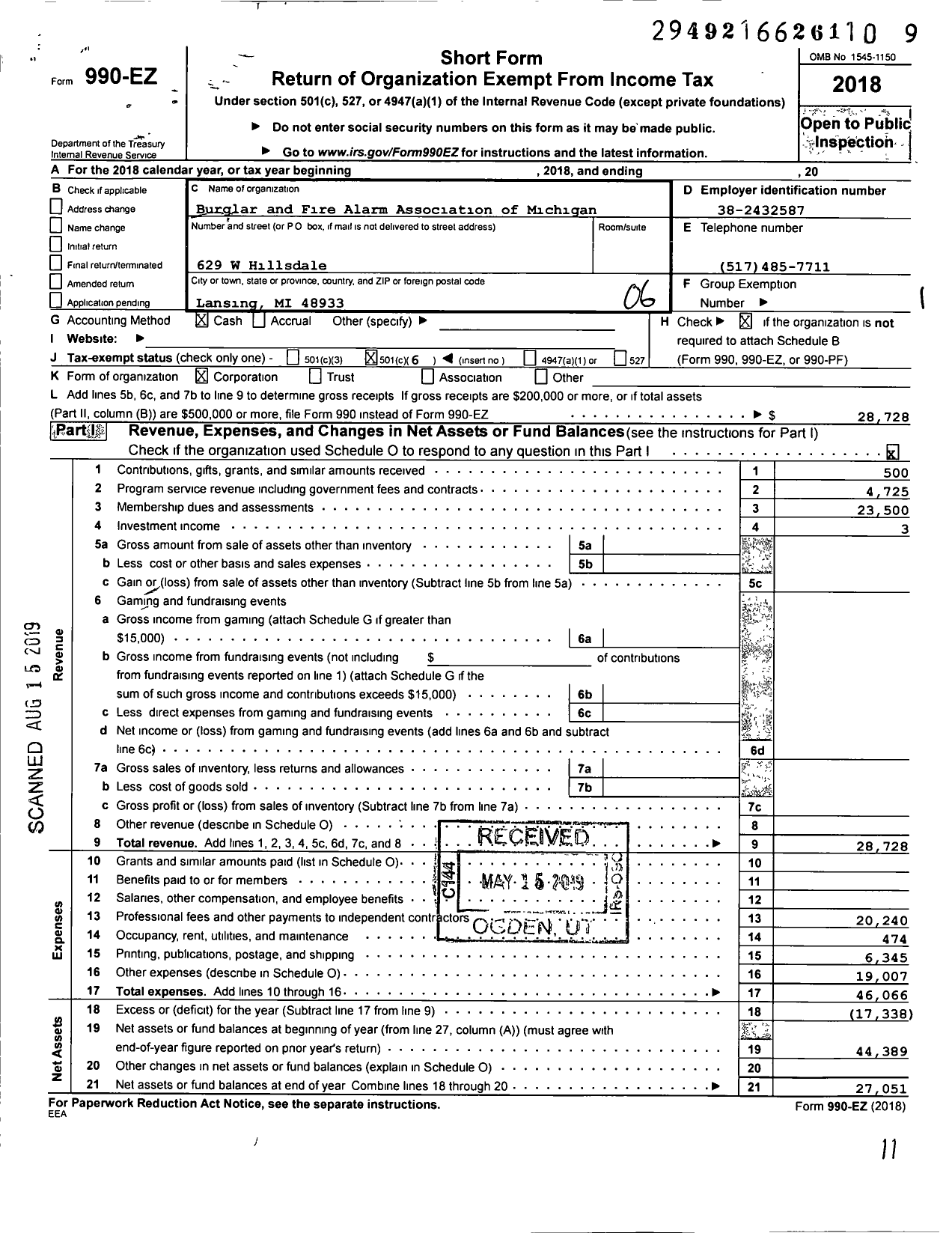 Image of first page of 2018 Form 990EO for Burglar and Fire Alarm Association of Michigan