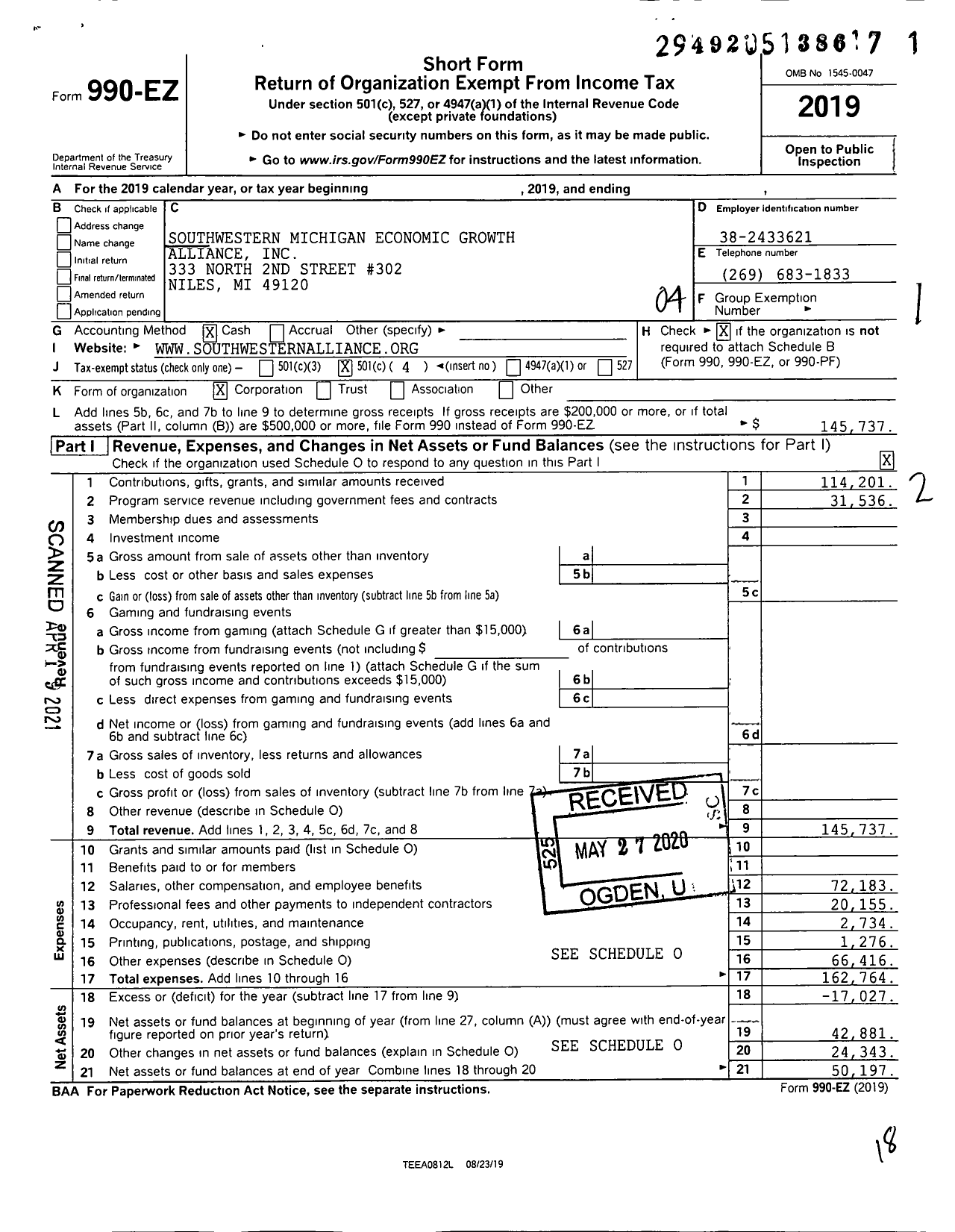 Image of first page of 2019 Form 990EO for Southwestern Michigan Economic Growth Alliance