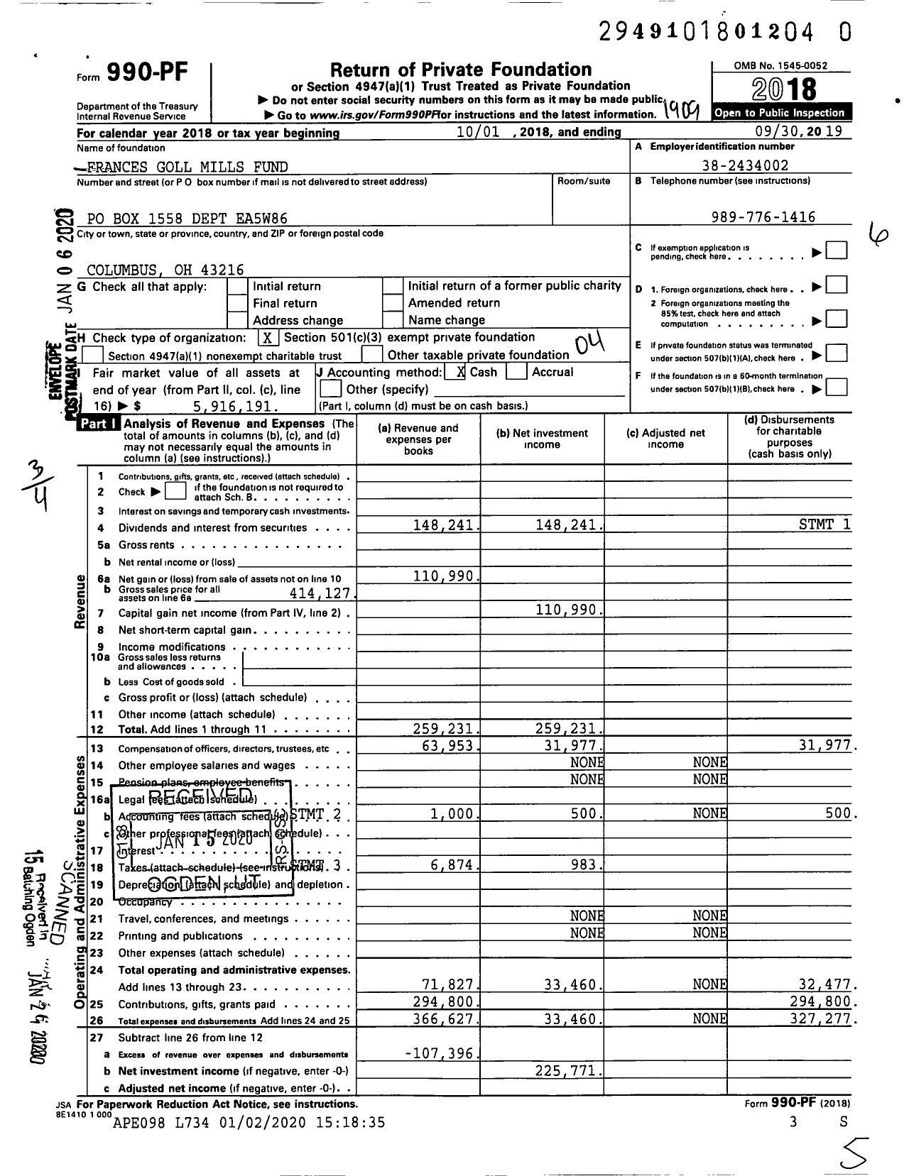 Image of first page of 2018 Form 990PR for Frances Goll Mills Fund