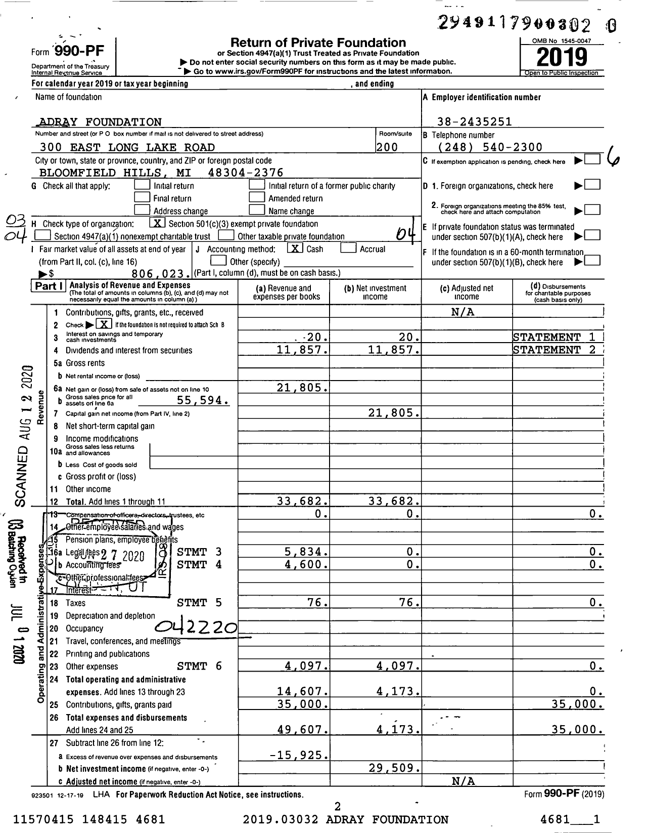 Image of first page of 2019 Form 990PR for Adray Foundation