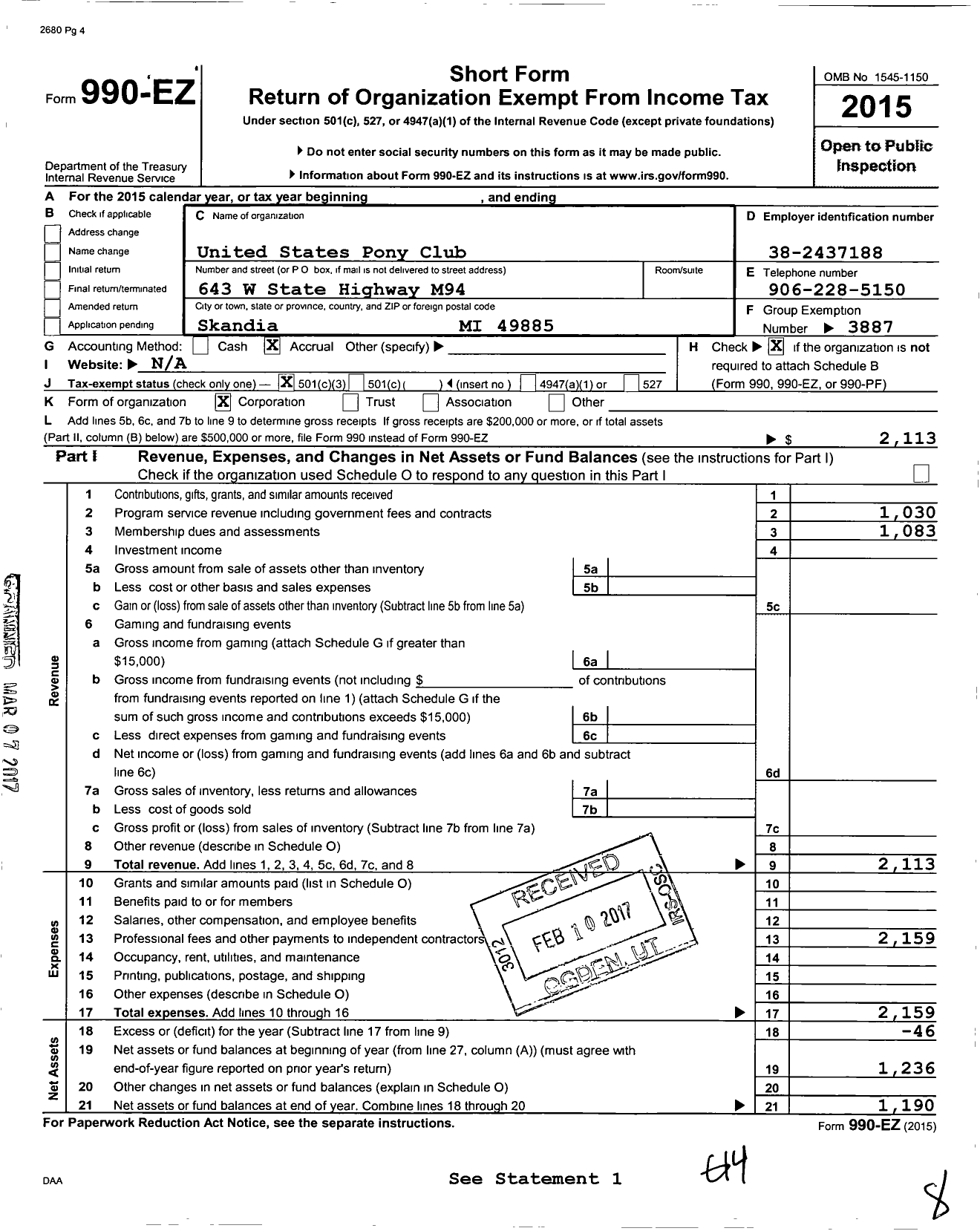 Image of first page of 2015 Form 990EZ for The United States Pony Clubs / Lake Superior Pony Club