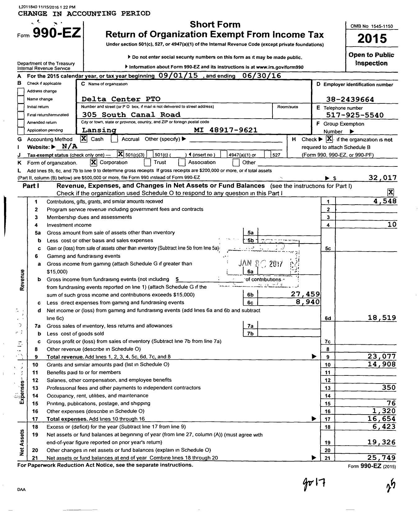 Image of first page of 2015 Form 990EZ for Delta Center P T O